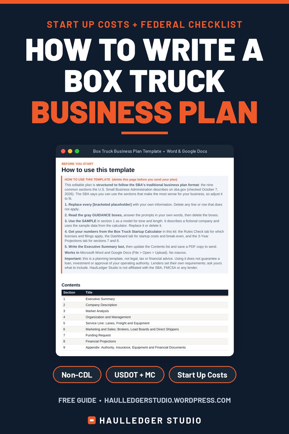 Box truck business plan pin: how to start a box trucking business, with a real page of the HaulLedger box truck business plan template