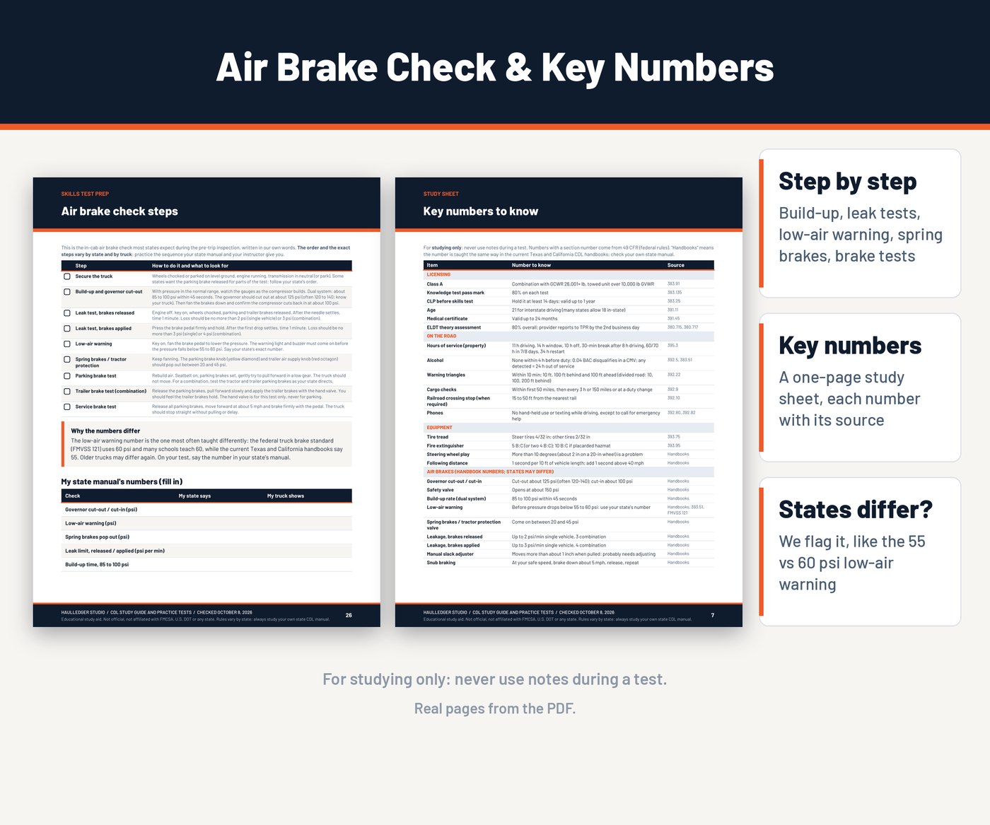 Real air brakes and key numbers pages from the HaulLedger CDL study guide