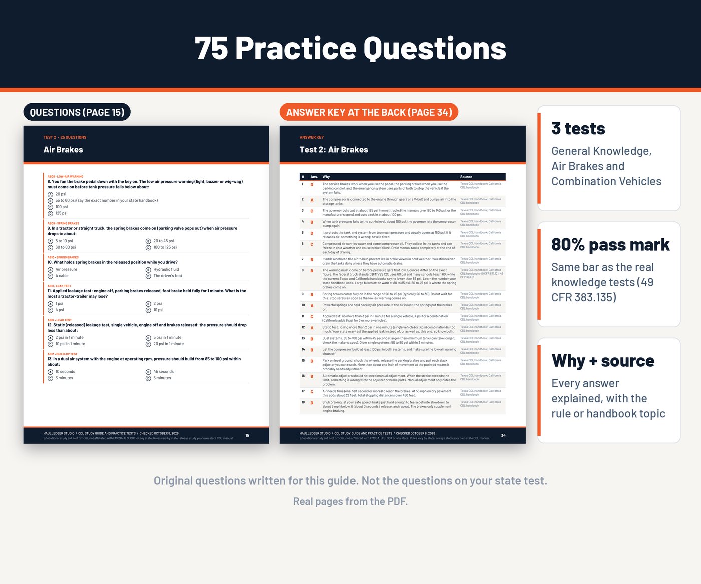 Real pages from the HaulLedger CDL study guide: air brakes practice test and answer key with explanations