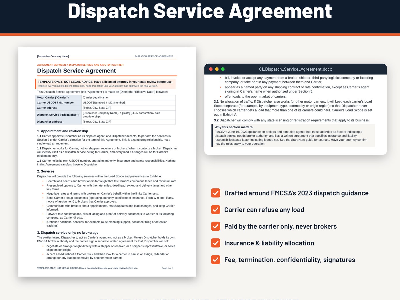 Dispatcher carrier agreement template: page 1 of the HaulLedger dispatch service agreement with a close-up of the no-brokerage and no-allocation-of-traffic clauses