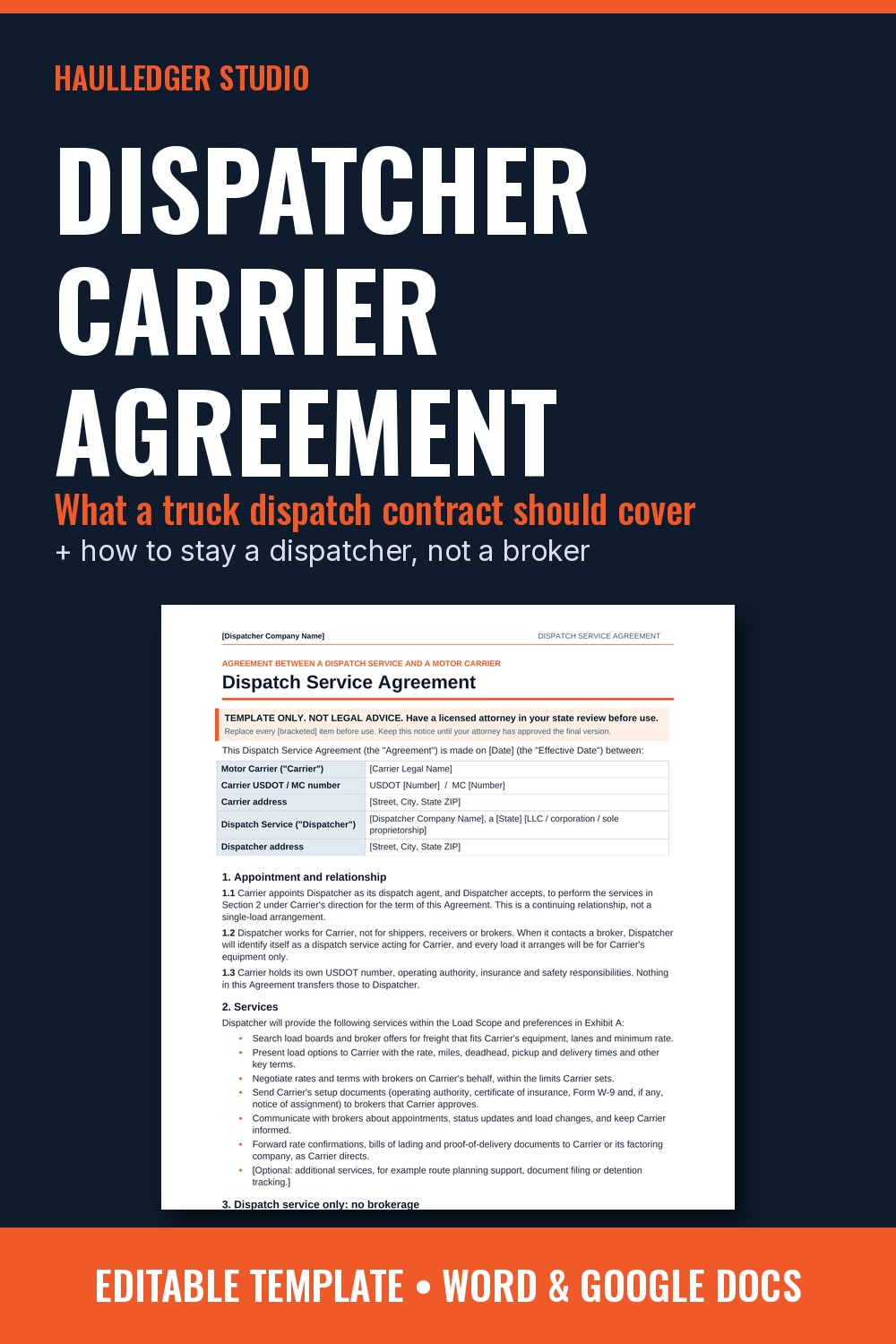 Dispatcher carrier agreement pin: what a truck dispatcher contract should cover, with a real page of the HaulLedger dispatch service agreement template