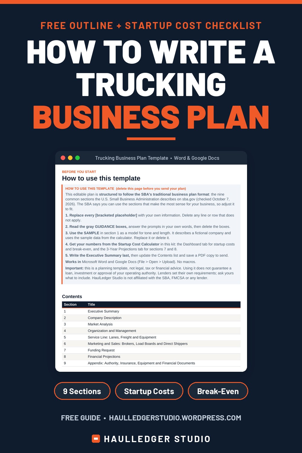 Trucking business plan header: free outline and startup cost checklist