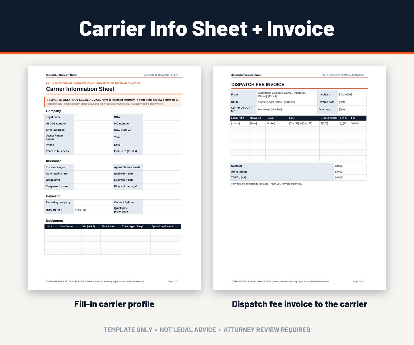 Dispatch fee invoice template: real Carrier Information Sheet and Dispatch Fee Invoice pages from the HaulLedger Truck Dispatcher Bundle